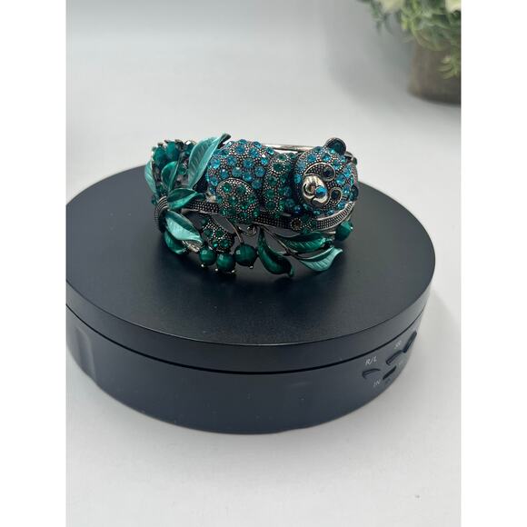Panda Blue Green Enamel Rhinestone Crystals Hinged Animal Theme Bangle - Picture 2 of 7